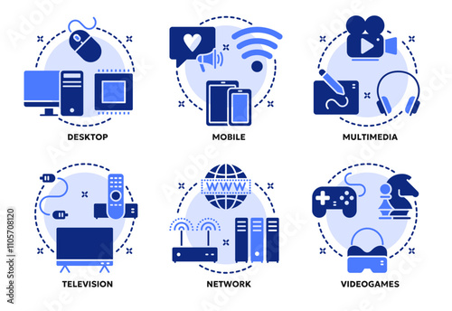 Set of vector solid icons related to computer and mobile technology, multimedia, internet network. Symbols for website or app ui, logo design, illustration