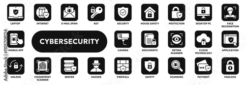 Set of vector solid icons related to cybersecurity, personal information protection, private data safety. Symbols for website or app ui, logo design, illustration