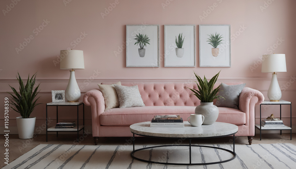 A modern living room with a pink fabric sofa against a soft colour wall featuring vertical poster frames in wooden frame borders 3d illustration template A modern living room with a pink fabric sofa against a soft colour wall featuring vertical poster frames in wooden frame borders 3d illustration template