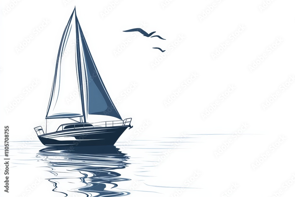 Fototapeta premium A single sailboat glides on still water, accompanied by seagulls under a clear sky, depicting tranquility and adventure in a marine setting. Detailed line style art.