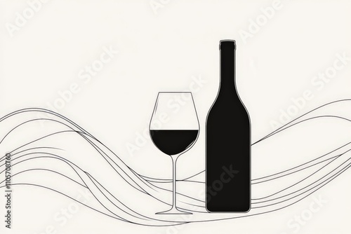 A detailed illustration of a wine bottle and glass set amidst flowing wavy lines, representing celebration, sophistication, and a touch of whimsy in modern style. photo