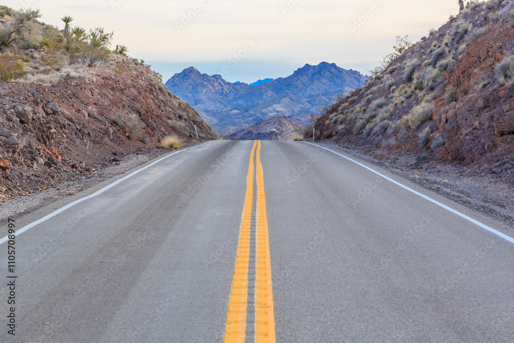 Fototapeta premium A long, empty road with a mountain range in the background