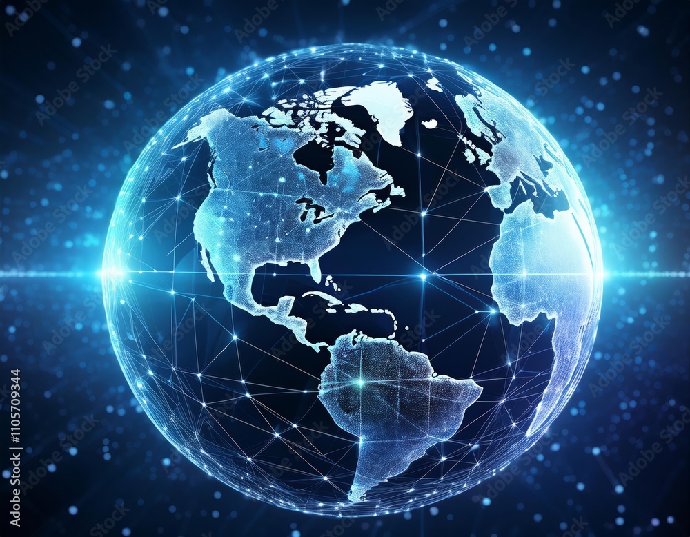 Holographic Earth within a blue geometric wireframe, set against a deep space background Holographic Earth within a blue geometric wireframe, set against a deep space background