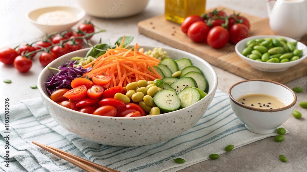 Fresh vegetable salad in a white bowl with dressing Fresh vegetable salad in a white bowl with dressing