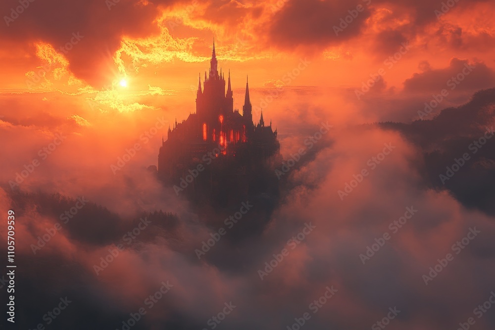 A grand castle silhouette stands tall against a stunning sunset sky, with clouds framing the golden and orange hues, creating a scene of mystery and majesty. A grand castle silhouette stands tall against a stunning sunset sky, with clouds framing the golden and orange hues, creating a scene of mystery and majesty.