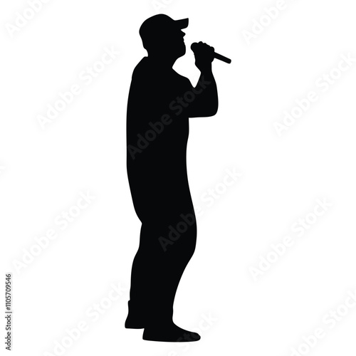 Man singer silhouette, man singing on mic, singer singing silhouette, vocalist singing to microphone