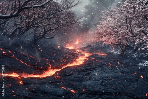 Molten lava streams amidst snow-covered cherry trees, highlighting a vivid juxtaposition of fiery and frosty elements in a breathtaking natural winter scene. photo