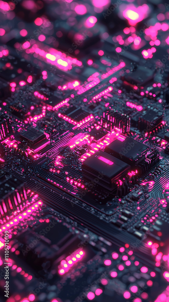 Obraz premium vibrant circuit board with glowing pink lights, showcasing intricate connections and components. design highlights technology and innovation in visually striking manner