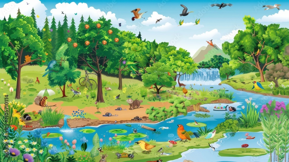 Obraz premium Vibrant forest landscape with diverse wildlife and flowing river in a serene setting