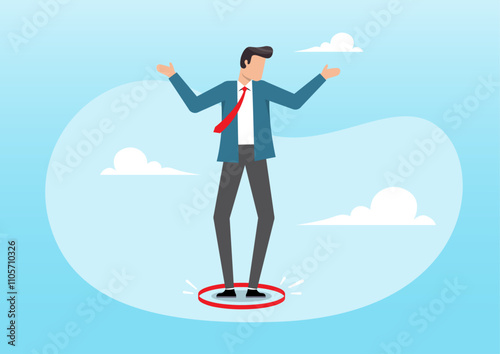 Frustrated businessman standing uncomfortably in small red circle