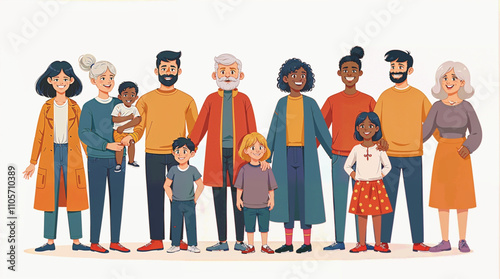 People of different cultures and races on a white background. Men and women young and old, along with children and people with disabilities, join together in joy. Illustration