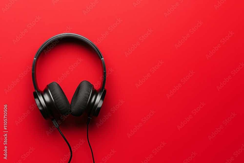 Black headphones on red background, copyspace Black headphones on red background, copyspace