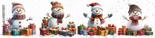 snowman surrounded by colorful Christmas gifts, wearing a scarf and a cozy hat, on a white background.