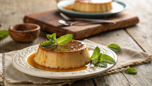 Crème caramel garnished with mint leaves on white plate