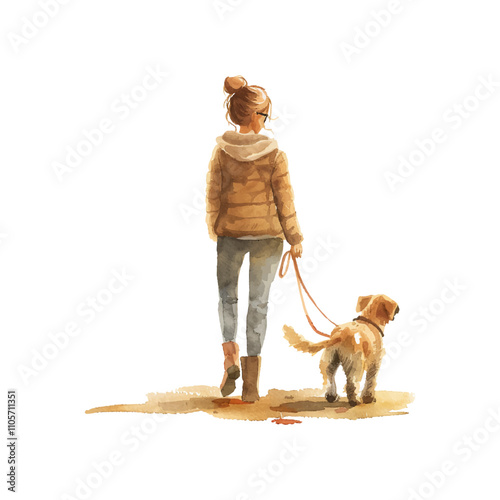 woman walking with a dog vector illustration in watercolor style