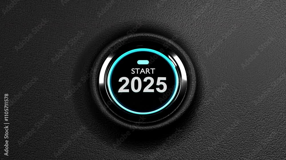 Finger about to press a car ignition button with the text 2025 start.happy new year 2025 start new project.concept of start with strategy,win,plan,goal and objective target
