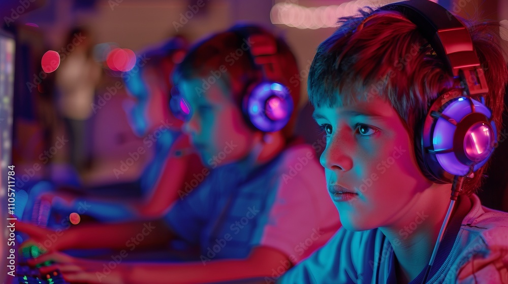 Teenagers boy wearing big headphones playing racing game at home. Young teen kid playing videogame on his desktop computer. Computer games addiction in children.