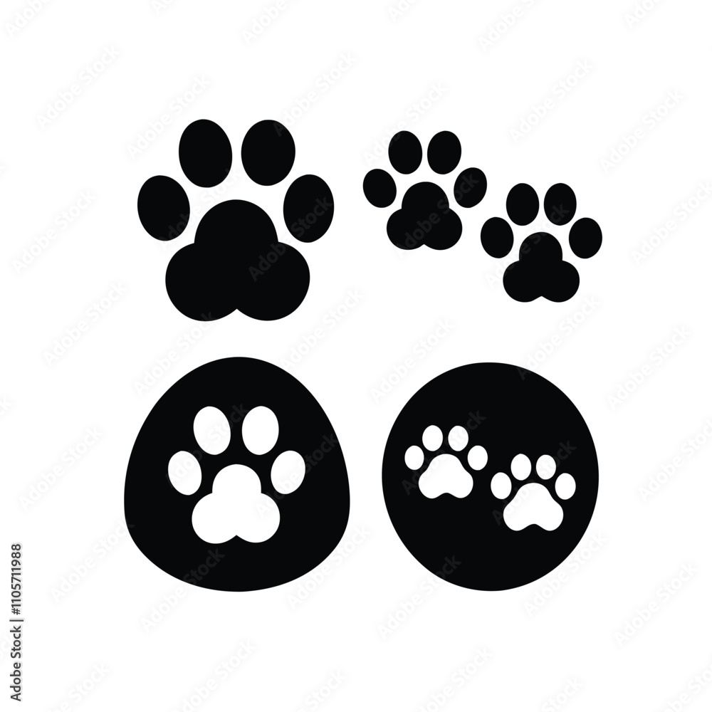 Four black paw prints are shown on a white background. The paw prints are all different sizes and shapes Four black paw prints are shown on a white background. The paw prints are all different sizes and shapes