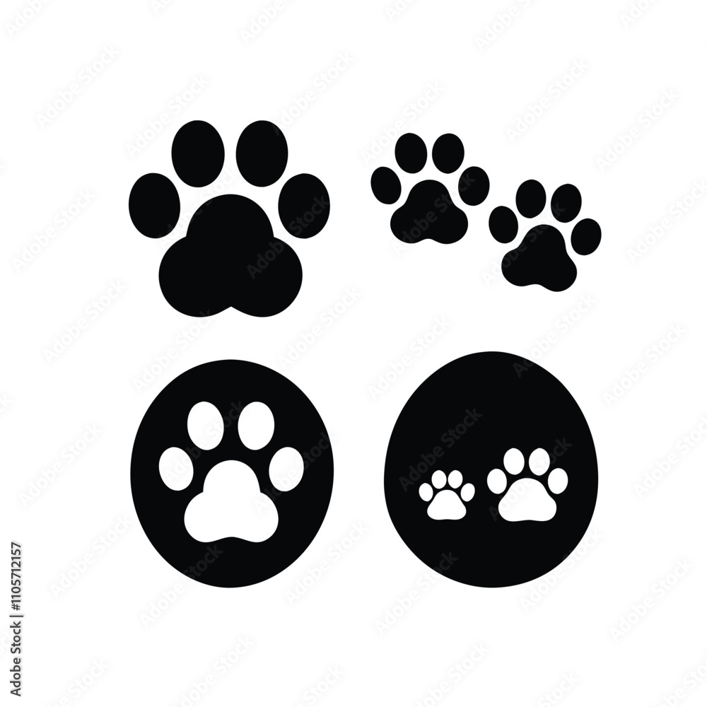 Four black paw prints are shown on a white background. The paw prints are all different sizes and shapes Four black paw prints are shown on a white background. The paw prints are all different sizes and shapes