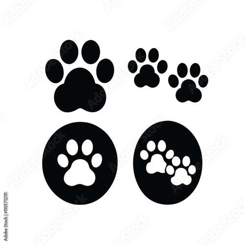 Four black paw prints are shown on a white background. The paw prints are all different sizes and shapes