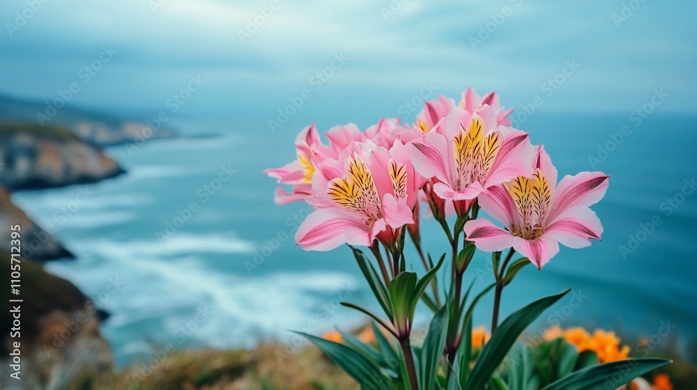 custom made wallpaper toronto digitalPink flowers by the ocean. Blurry cliffs and waves in the background. Lush greenery.