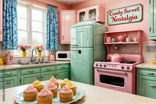 Vintage kitchen with a pastel pink color scheme, featuring a retro refrigerator, oven, microwave, and sink. Nostalgia concept