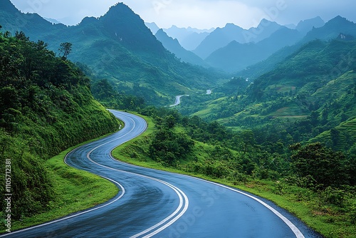 Road landscape in green nature scenery. Colorful green mountain view with highway view in beautiful summer season. summer travel on beautiful nature road. Spring colors in colorful mountains of europe