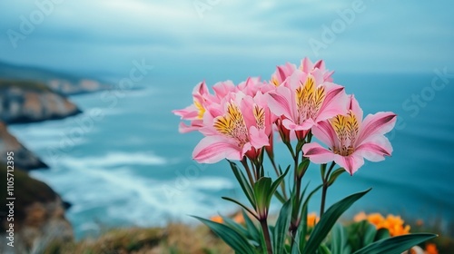 Wallpaper Mural Pink flowers by the ocean. Blurry cliffs and waves in the background. Lush greenery. Torontodigital.ca