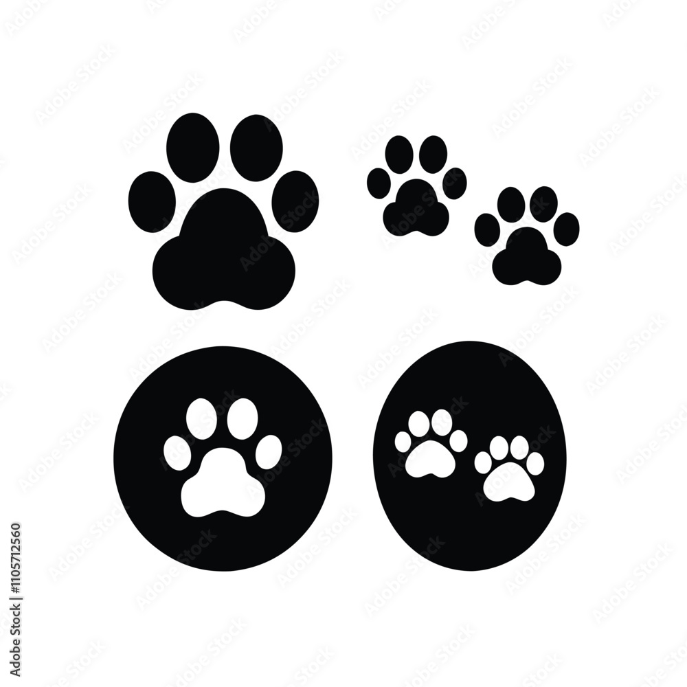 Four black paw prints are shown on a white background. The paw prints are all different sizes and shapes Four black paw prints are shown on a white background. The paw prints are all different sizes and shapes