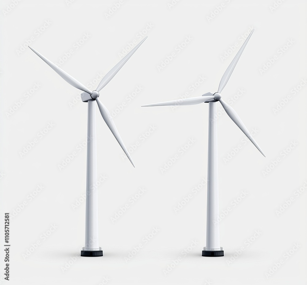 Front and side views of wind turbines, energy-generating windmills. These white towers with long blades produce eco-friendly alternative energy and are isolated on a transparent background. This is a Front and side views of wind turbines, energy-generating windmills. These white towers with long blades produce eco-friendly alternative energy and are isolated on a transparent background. This is a