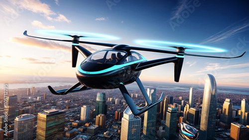 A futuristic sleek black and blue autonomous air taxi car flying over a sprawling cityscape during sunset.