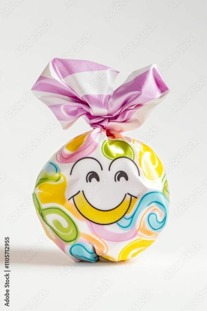 Wrapped candy, colorful swirls, smiling face. Wrapped candy, colorful swirls, smiling face.