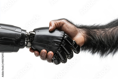 Handshake between a prehistoric man and a man of the future, the concept of human development photo