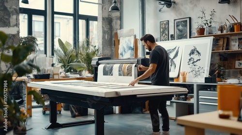 Wallpaper Mural Man working in an art studio with large format printer creating artwork, surrounded by plants and framed prints on walls Torontodigital.ca