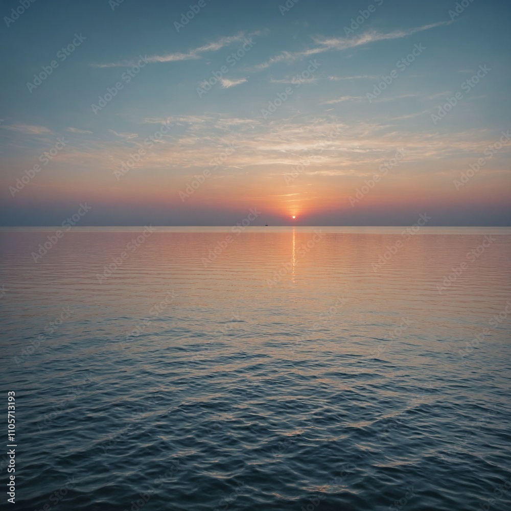 Fototapeta premium A calm sea at dawn, with the soft glow of the rising sun painting the sky and water in pastel hues.