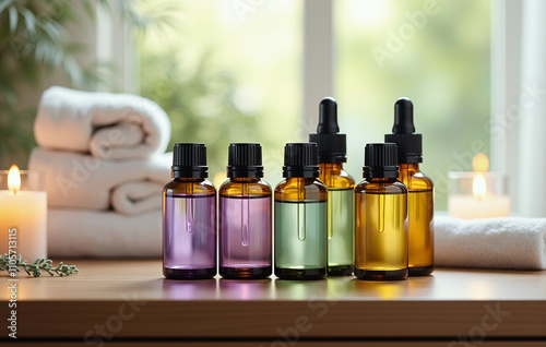 A set of elegant glass essential oil bottles is arranged neatly on a wooden vanity table, each with a polished black cap