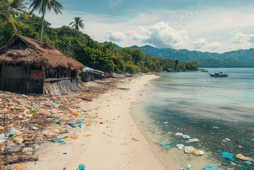 A tropical beach scene marred by plastic pollution along the shore, highlighting the environmental challenges faced by marine ecosystems in the modern era. photo