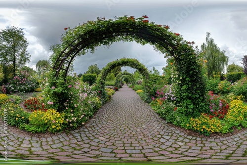 The garden, lush with overgrowth, exudes a nostalgic charm with its ancient stone walkway.