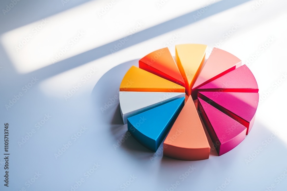 Obraz premium This colorful image displays various vibrant slices of a pie chart arranged in a circular graph, symbolizing diversity, division, and modern analytical representation.