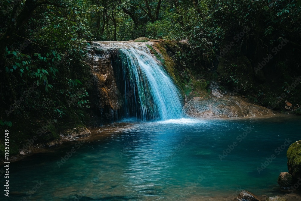 Obraz premium A tranquil forest scene with a gentle waterfall cascading into a clear blue pool, surrounded by lush green foliage, exuding calmness and natural beauty.