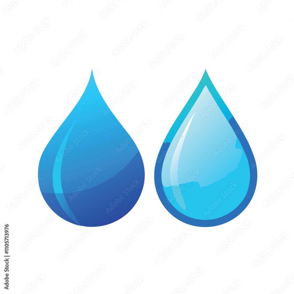 Two blue water droplets. The droplets are blue and are next to each other. The image is white Two blue water droplets. The droplets are blue and are next to each other. The image is white