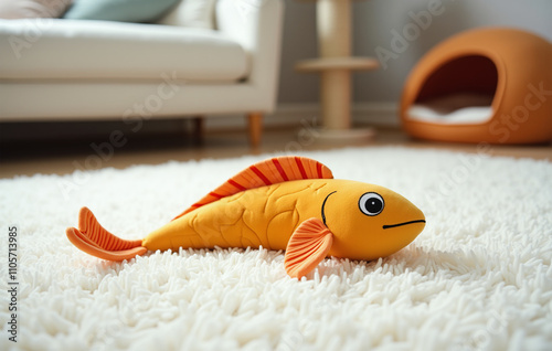 A brightly colored cat toy, shaped like a fish, rests on a soft white rug photo