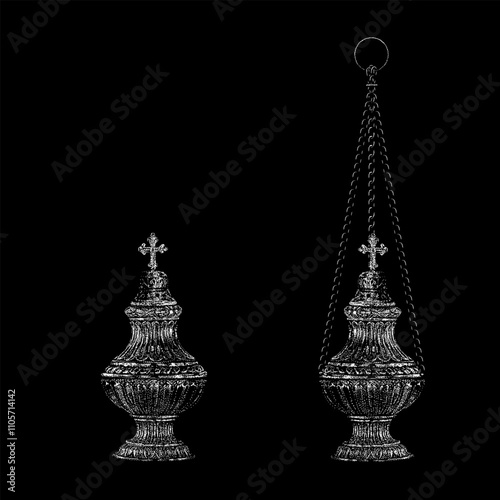 censers hand drawing vector isolated on black background.