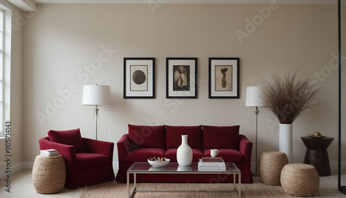 A modern living room with a dark red sofa against a soft colour wall featuring vertical poster frames in wooden frame borders 3d illustration template
