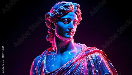 Roman statues portraits illuminated with neon colors blue magenta pink on black background