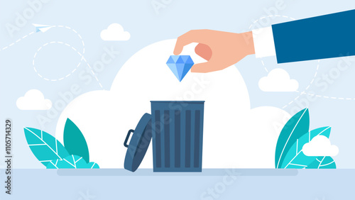 ПечатьDepreciation of moral values. Find a diamond in the trash heap. accidentally throw a jewel into the trash. Trash can with a diamond. Flat  design. Vector illustration
