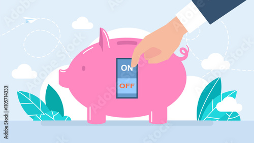 Piggy bank with electric switch. Reducing of electricity consumption for money savings due to expensive bills. Saving or accumulating money. Concept of banking business services. Vector illustration