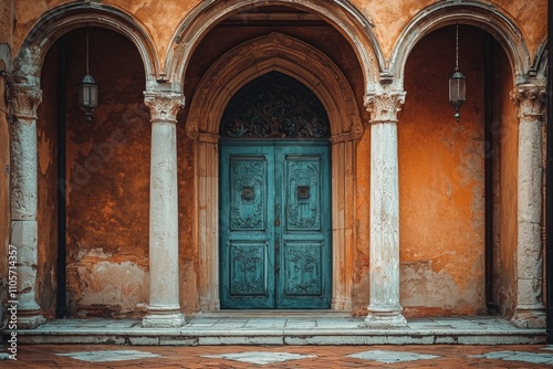 The reflection of a classic blue European doorway against a brick red wall.