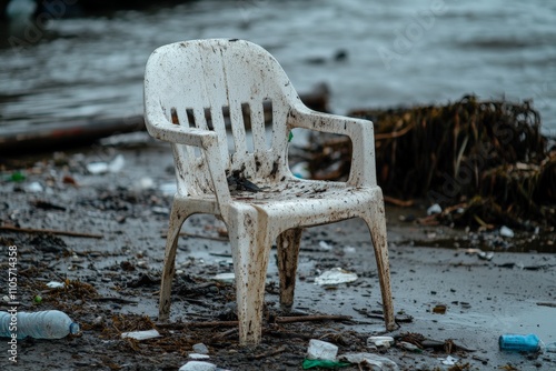 A weathered plastic chair on a littered beach, capturing a gritty realism and highlighting environmental issues and the impact of pollution on natural settings. photo