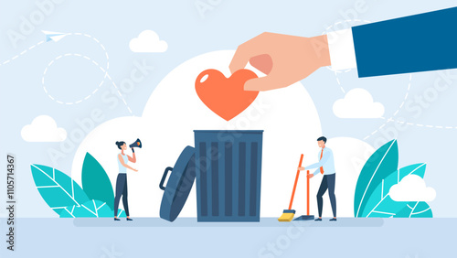 Man`s hand throw heart into trash can. Divorce, misunderstanding. Love heart thrown into can garbage. End of love relationship, split-up, breakup. Upset people. Vector illustration